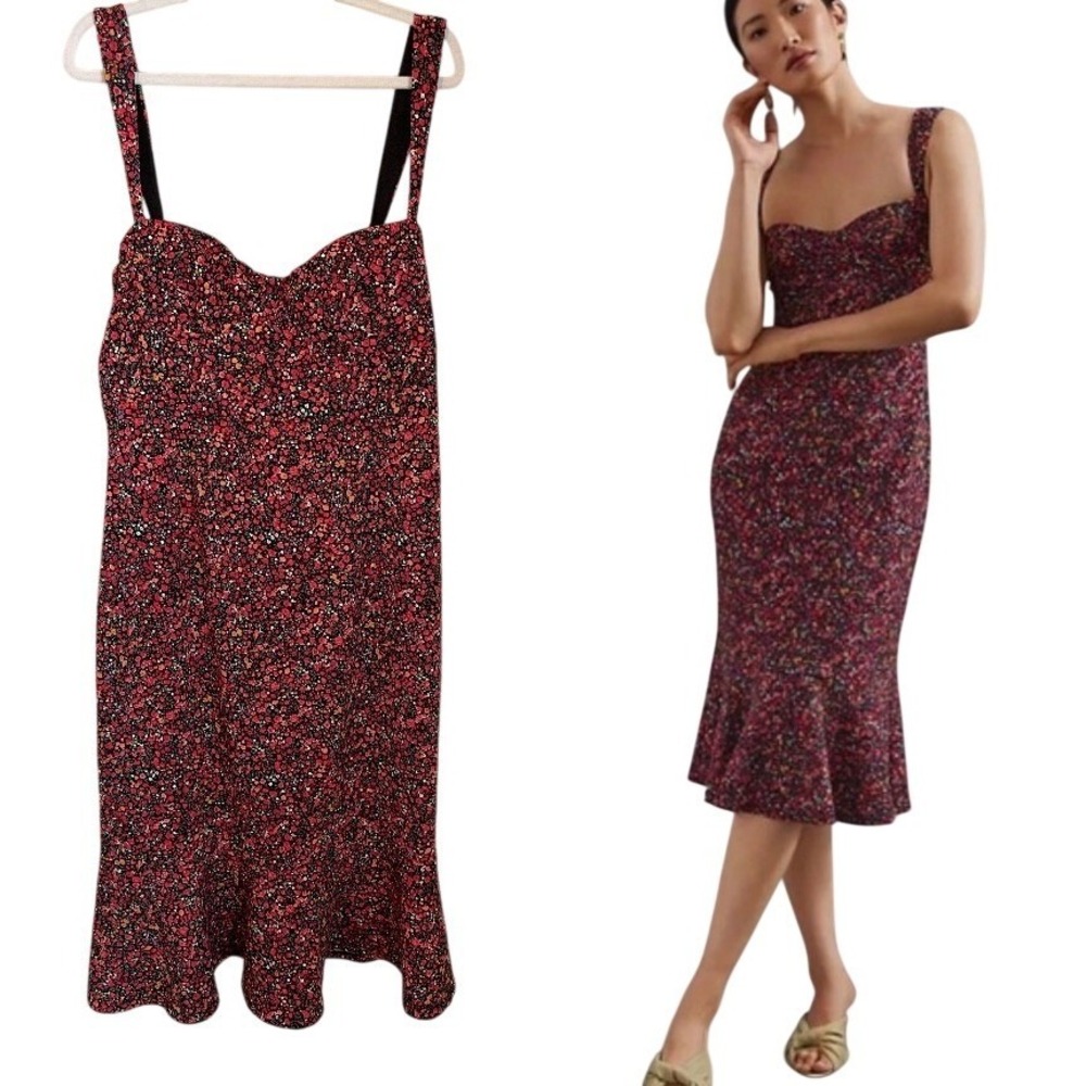Hutch Anthropologie Black Red Floral Ditsy Sweetheart Ruffle Midi Dress Size XL